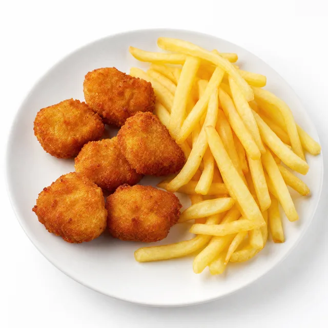 A kids meal plate: nuggets and fries